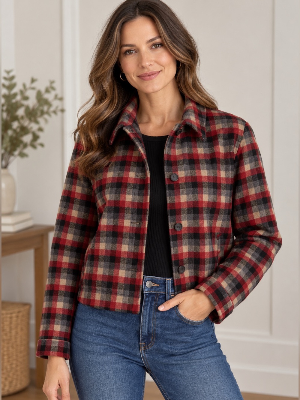 David Brooks sz L red, black, grey, and tan plaid wool jacket